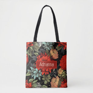 Tote Bag Dark Academia Maximalist Red Dahlia Floral