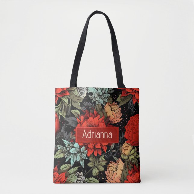 Tote Bag Dark Academia Maximalist Red Dahlia Floral (Devant)