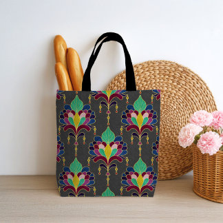 Tote Bag Dark Gray and Gold Art Deco Floral Ornament