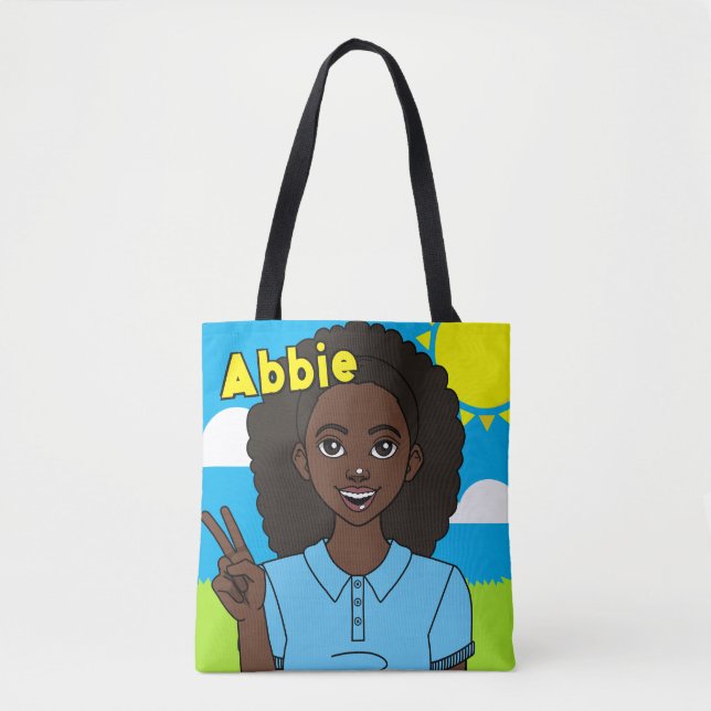 Tote Bag Dark Hair Cartoon Girl School Nom de l'élève Bibli (Devant)