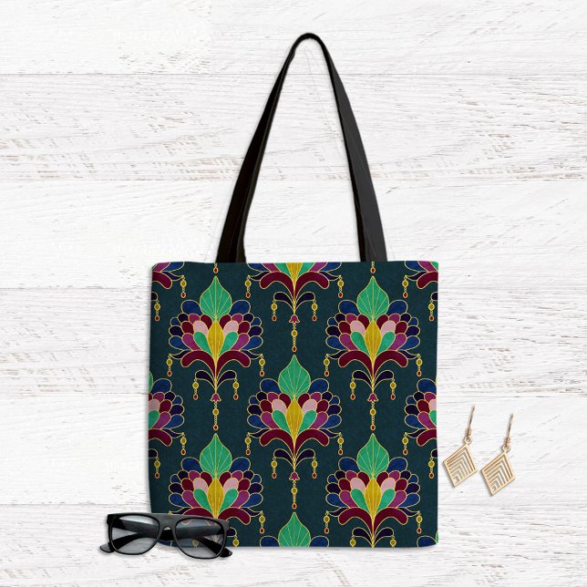 Tote Bag Dark Teal and Gold Art Deco Floral Ornament (Créateur téléchargé)