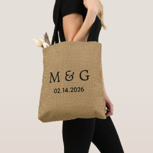 Tote Bag Date de monogramme personnalisé sur motif jute nat