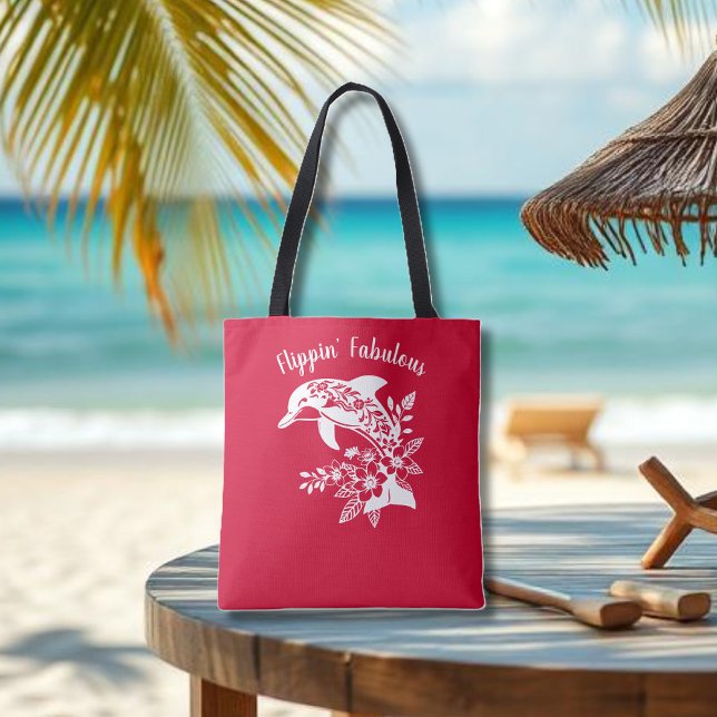 Tote Bag Dauphin Hawaiien Fabulous-Cherry Red (Hawaiian Dolphin, Flippin Fabulous, Islander Summer, Beach, Fisherman Trend, Cherry Red Tote)