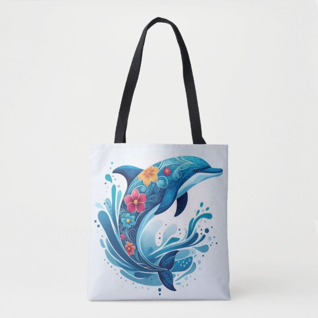 Tote Bag Dauphin orné avec design floral - Océan dynamique (Devant)