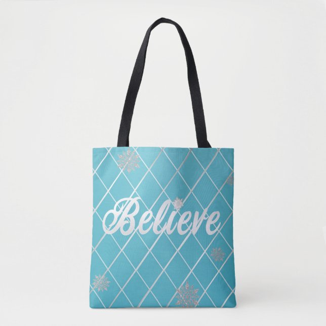 Tote Bag Dazzling Believe Light Blue and Silver À damiers (Devant)
