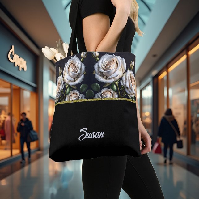Tote Bag De magnifiques roses blanches aux détails dorés, é (Créateur téléchargé)