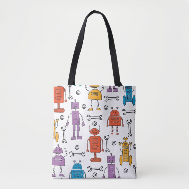 Tote Bag De mignons robots à doodle. Motif sans couture. Ch (Devant)