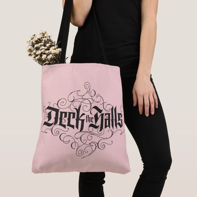 Tote Bag Deck the Halls Lettres de luxe Rose Poudré Noir (De près)