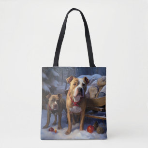 Tote Bag Décor de Noël au traîneau Pitbull enneigé