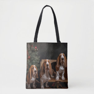 Tote Bag Décor de Noël Basset Hound Snowy Sleigh