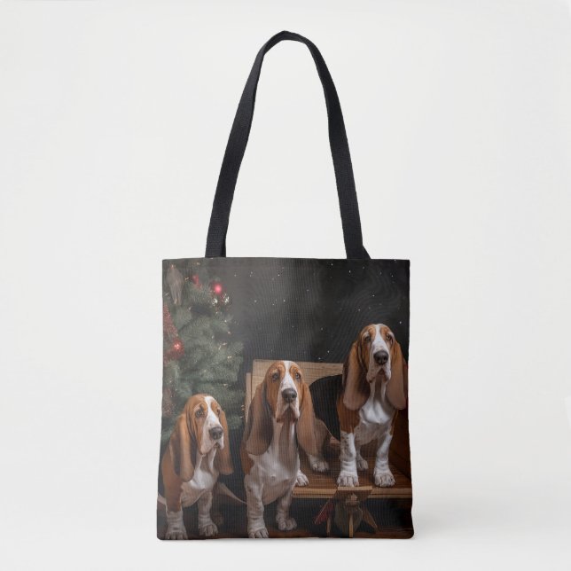 Tote Bag Décor de Noël Basset Hound Snowy Sleigh (Devant)