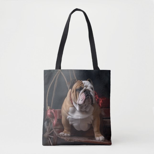 Tote Bag Décor de Noël Bulldog Snowy Sleigh (Devant)