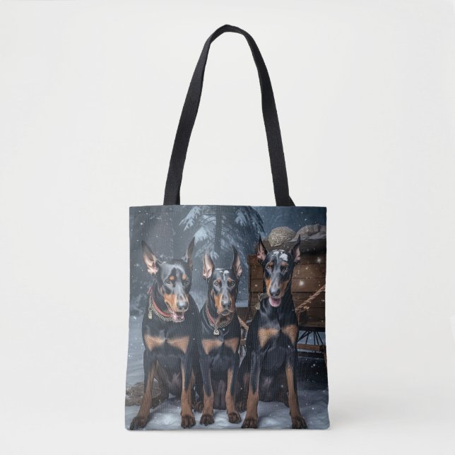 Tote Bag Décor de Noël Doberman Snowy Sleigh (Devant)
