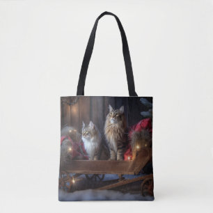 Tote Bag Décor de Noël du Maine Coon Snowy Sleigh