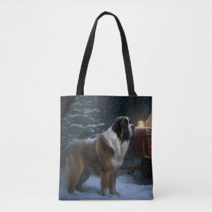 Tote Bag Décor de Noël Saint Bernard Snowy Sleigh