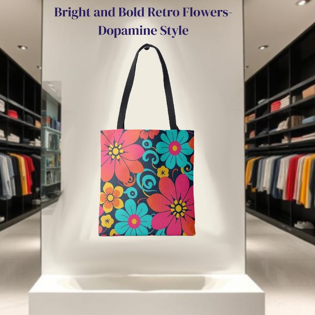 Tote Bag Décor Dopamine - Fleurs Funky Lumineuses-Retro (Dopamine Decor– Bright Funky Flowers-Retro Tote Bag )