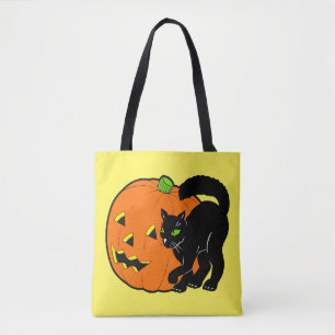 Tote Bag Décor Halloween vintage Chat noir Citrouille