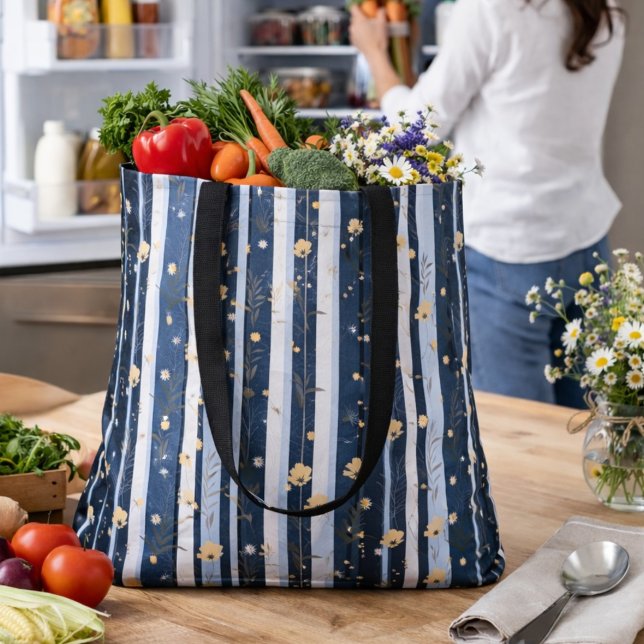Tote Bag Décoration de maison moderne rayée marine à fleurs (Créateur téléchargé)