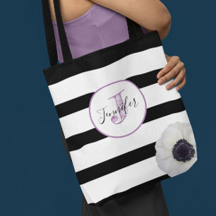 Tote Bag Décoré d'un monogramme de rayure noire et