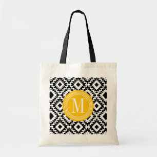 Tote Bag Décoré d'un monogramme tribal aztèque chic noir
