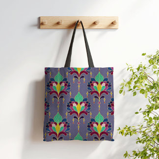 Tote Bag Deep Purple and Gold Art Deco Floral Ornament