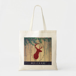 Tote Bag Deer head with Antlers - Red Plaid Rustic