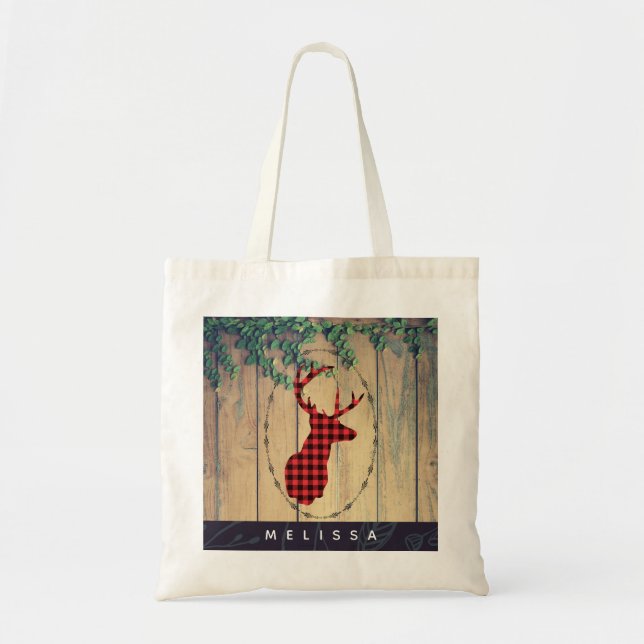 Tote Bag Deer head with Antlers - Red Plaid Rustic (Devant)