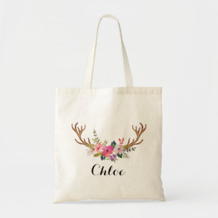 Tote Bag deer horn Floral bridesmaid Personalized