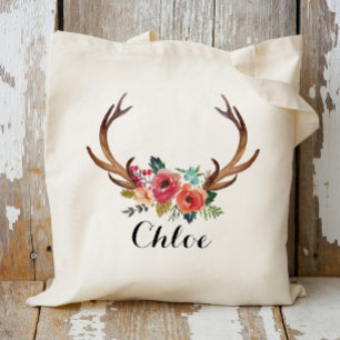 Tote Bag deer horn Floral bridesmaid,Wedding Favor