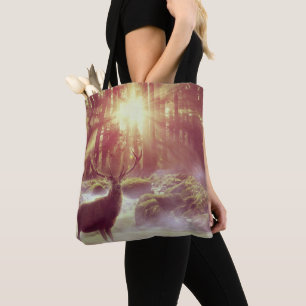 Tote Bag Deer mâle dans Misty Woods au lever du soleil Heur