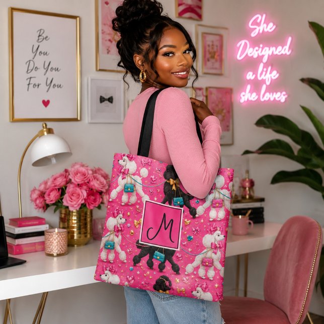Tote Bag Défilé de Caniches Rose Glamour Monogramme (Créateur téléchargé)