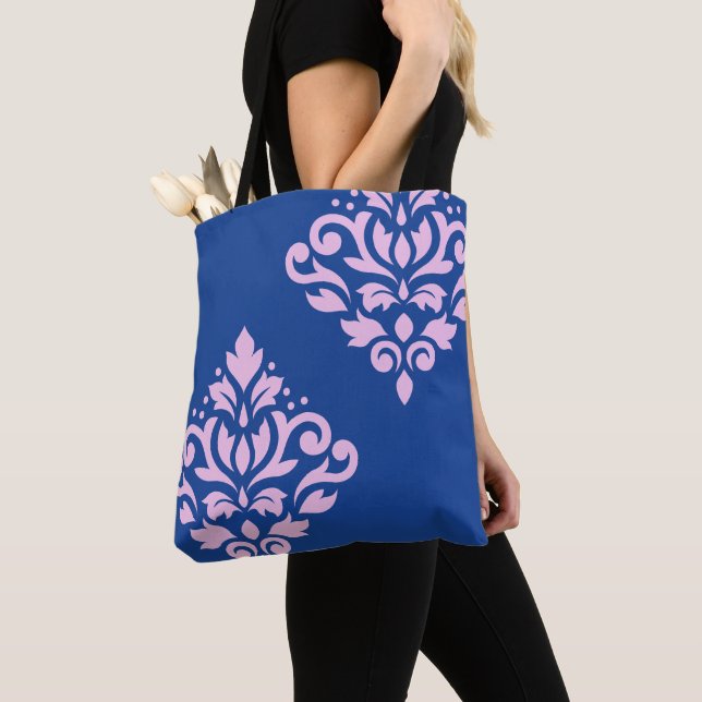 Tote Bag Défiler Damas Art I rose sur bleu (De près)