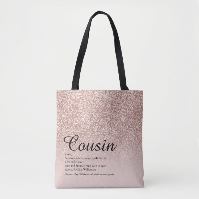Tote Bag Définition de Cousine Écriture Paillettes Or Rose (Devant)