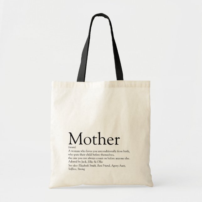 Tote Bag Définition de Mère Maman Citation Noir et Blanc (Devant)
