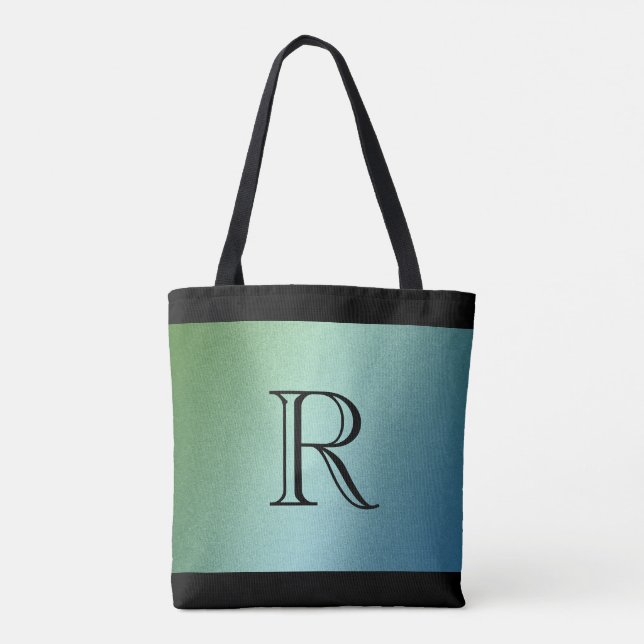 Tote Bag Dégradé bleu vert Ombre avec Monogramme (Dos)