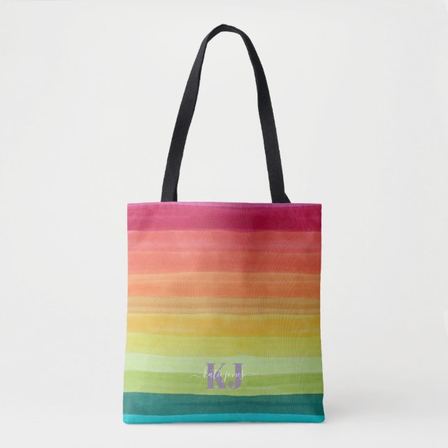 Tote Bag Dégradé d'aquarelle arc-en-ciel | Monogramme (Devant)