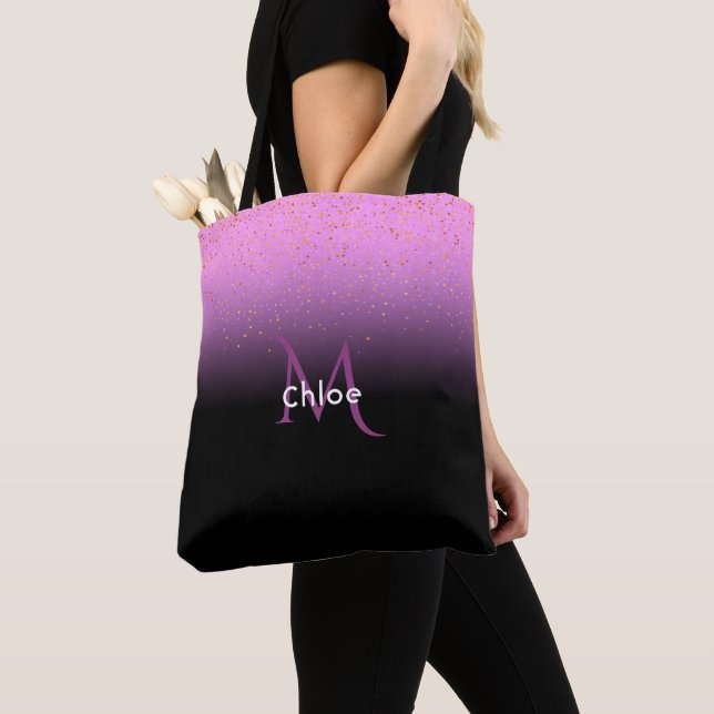 Tote Bag Dégradé violet et noir avec monogramme et nom (De près)