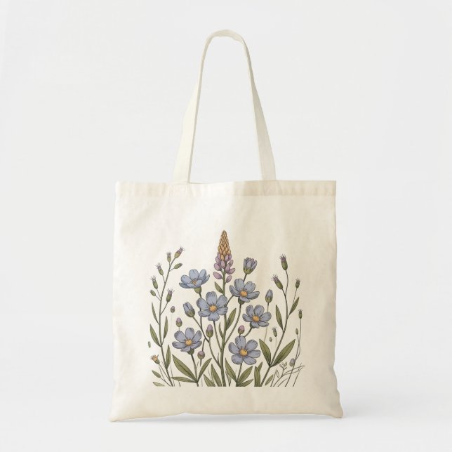 Tote Bag Delicate Blue Flowers & Leaves – Botanical Nature (Devant)