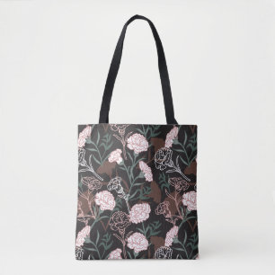 Tote Bag Délicates oeillets roses avec fleurs Feuilles vert