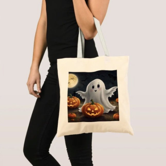 Tote Bag Délice Effrayant : Amusement Fantomatique d'Hallow (100% natural material 100% cotton D: 15.75"l x 15.25"w 5 handle colors.)