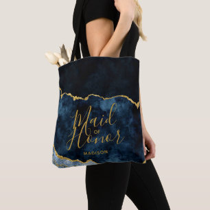 Tote Bag Demoiselle d'honneur bleu marine et or feuille mar