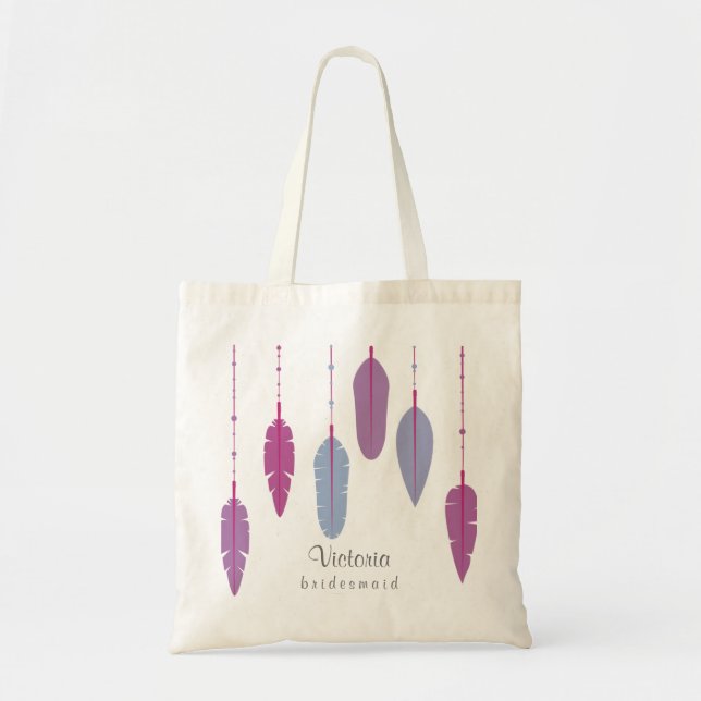 Tote Bag Demoiselle d'honneur Boho Violet Plume Monogrammée (Devant)