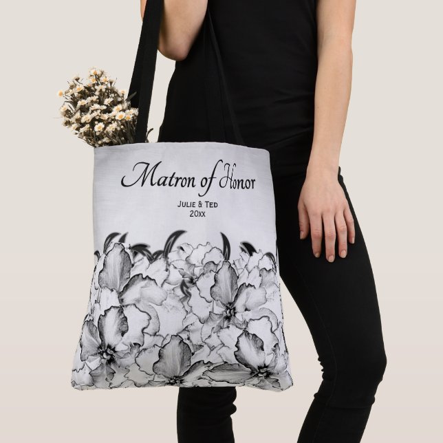 Tote Bag Demoiselle d'honneur Charbon Floral avec Mariée Ma (De près)