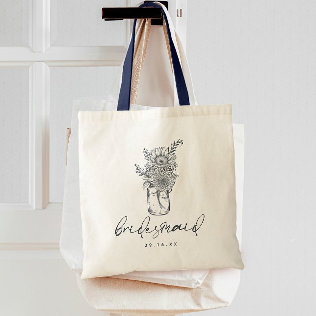 Tote Bag Demoiselle d'honneur de calligraphie de pot de fle (Rustic Wildflower Mason Jar Calligraphy Bridesmaid Tote Bag)