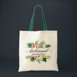 Tote Bag Demoiselle d'honneur de calligraphie de verdure fl<br><div class="desc">Sac fourre-tout demoiselle d'honneur de calligraphie de mariage de verdure florale tropicale aquarelle</div>