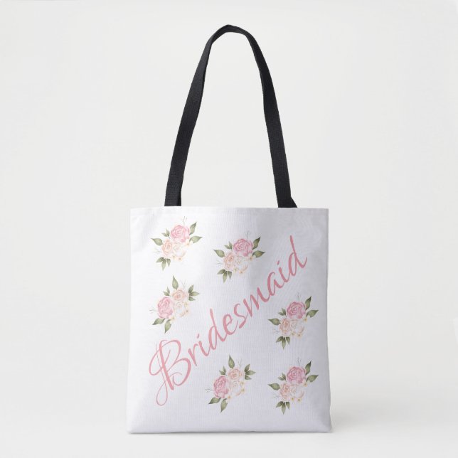 Tote Bag Demoiselle d'honneur Écriture florale rose mignonn (Devant)