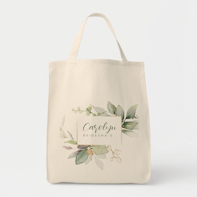 Tote Bag Demoiselle d'honneur en monogramme vert eucalyptus (Devant)