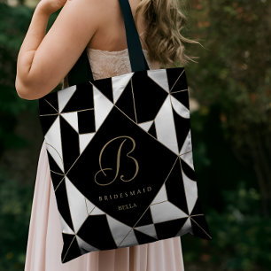 Tote Bag Demoiselle d'honneur en noir, blanc et or géométri