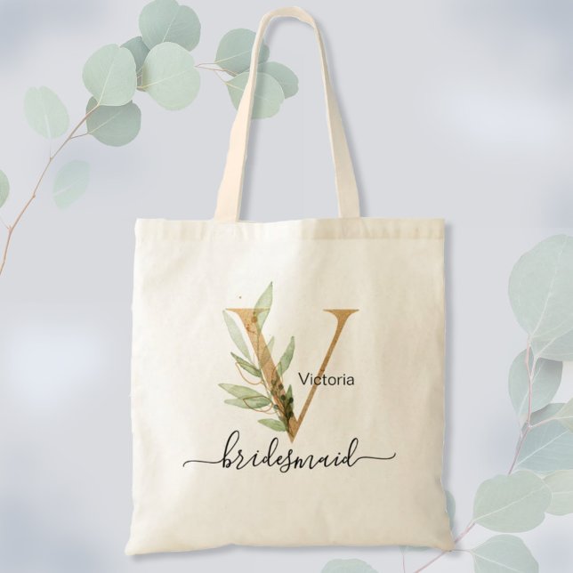 Tote Bag Demoiselle d'honneur Feuille d'Or Monogramme "V" (Créateur téléchargé)