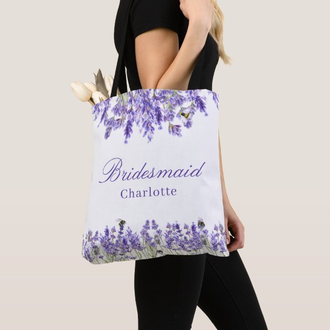 Tote Bag Demoiselle d'honneur fleurs de lavande violet nom  (De près)
